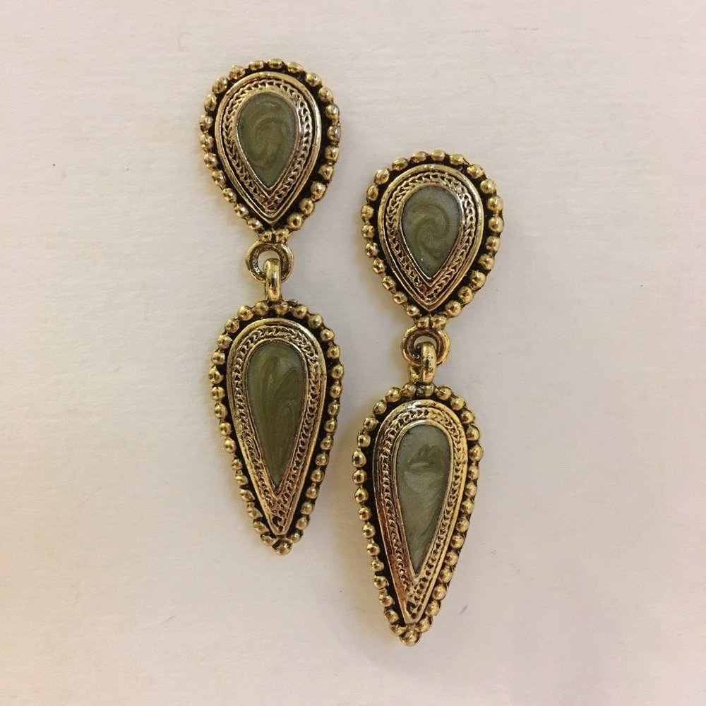 Green Enamel Earrings Tear Drop Ornate Antique Gold Tone Metal Post Pierced
